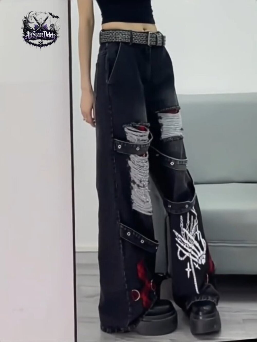 High Waist Ripped Baggy Jeans Straight Leg Goth Grunge Pants - Picture 7 of 7